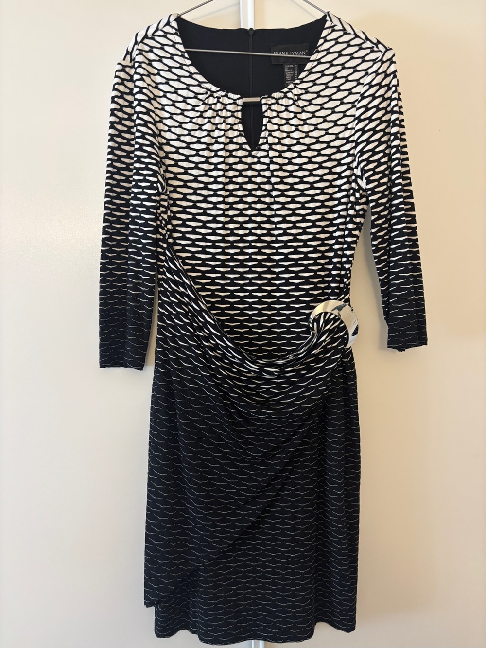 Frank Lyman Design Black and White Long Sleeve Draped Sheath Dress